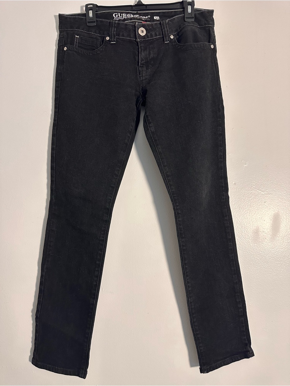 GUESS Black Skinny Leg Stretch Jeans Size 31 Rhinestone Bling Back Pockets